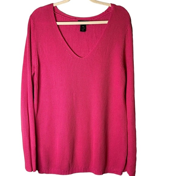 Lane Bryant Hot Pink Chunky Knit Rounded‎ V Neck Sweater 100% Cotton Size 14/16 - Picture 1 of 9